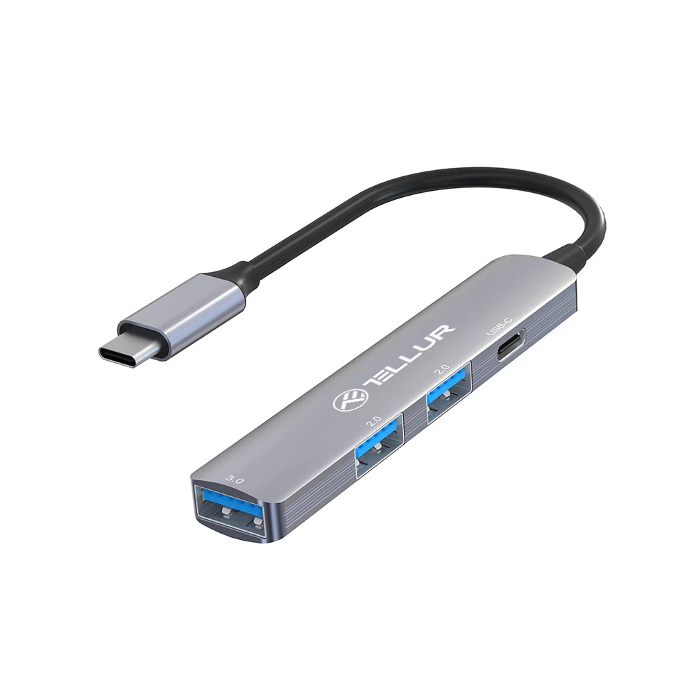 USB Hub Tellur Type-C 1x USB 3.0/2xUSB 2.0/1x USB-C USB 3.0 Aluminium Grey