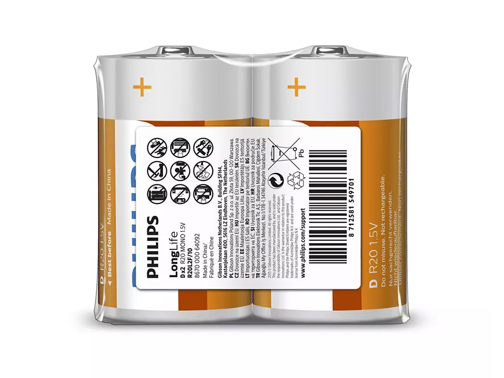 Batteries Philips LongLife D Zinc 2pack