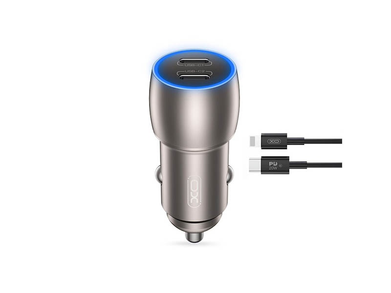 USB Universal Car Charger XO 40W Type-C x2 w/USB-C to Lightning Cable Gray