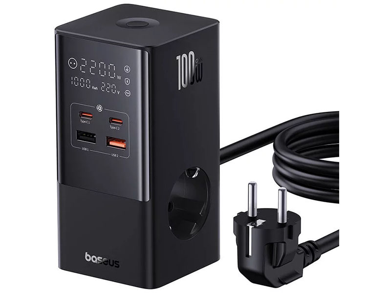 Power Combo Tower Digital Charging Station 6-in-1 Fast Charging 100W 2xAC, 2xUSB-A, 2xType-C Black