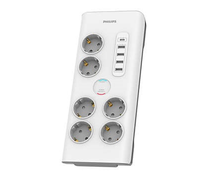 Power Protector Philips 2m 6 Sockets + USB Ports White