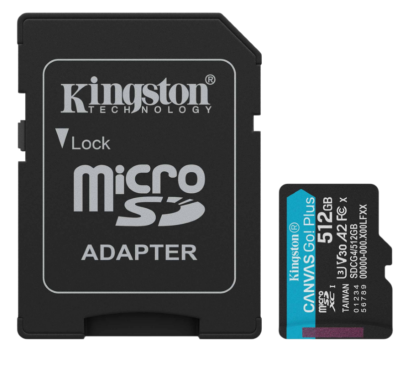 Secure Digital Micro Kingston 512GB SDXC Canvas Go! Plus cl10 UHS-I 200MB Read U3 A2 V30 w/Adapter