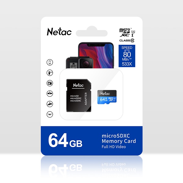 Secure Digital Micro Netac 64GB SDXC cl10 UHS-I 80MB Read w/Adapter