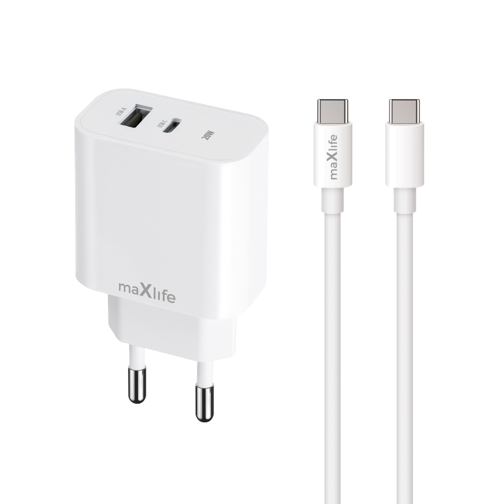 USB Universal Power Charger Maxlife 20W Type-C w/USB-C Cable White