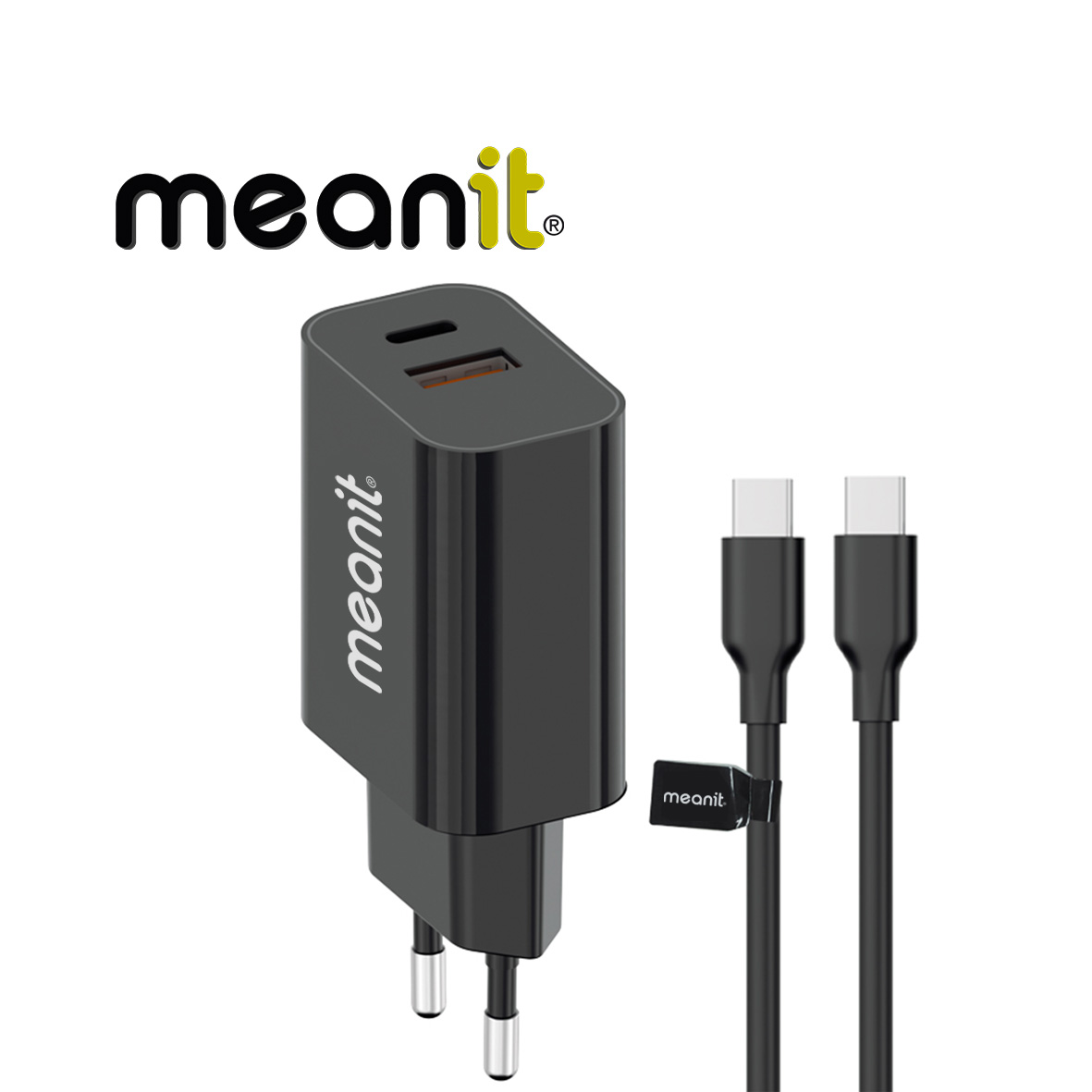 USB Universal Power Charger MeanIT Type-C 45W 2xPort w/Type-C Cable 1.5m Black