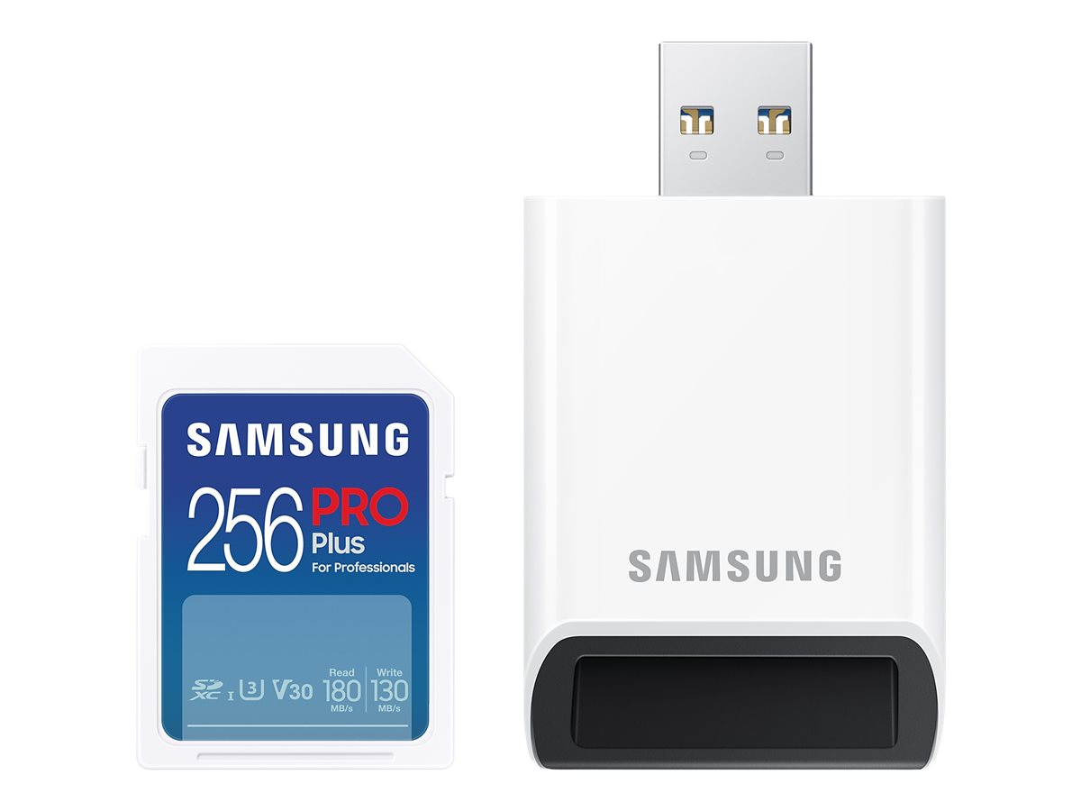 Secure Digital Samsung 256GB SDXC PRO Plus 180R/130W U3 V30 w/Card Reader