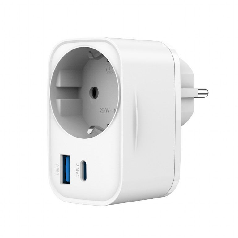 USB Universal Power Charger 2 port Gembird 20W Type C+A w/Pass-Through AC Socket White