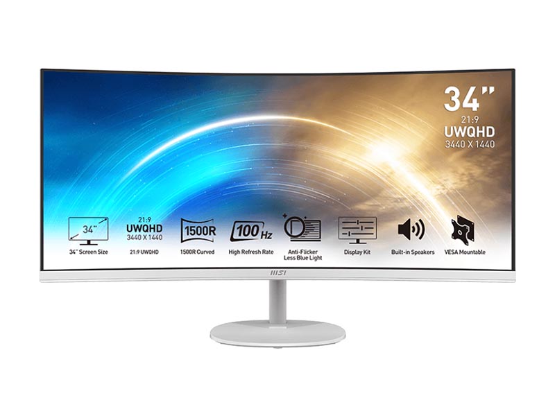 Monitor 34" MSI PRO MP341CQW LED 100Hz, 3440x1440 UWQHD,HDMIx2,DP,Speakers,Curved,21:9,VESA White