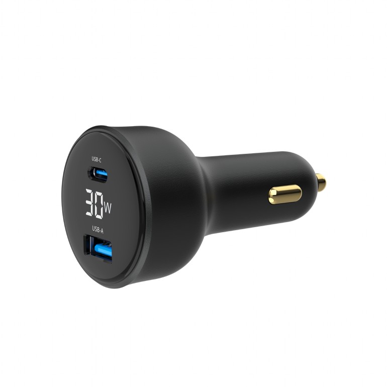 USB Universal Car Charger Gembird 30W PD Dual USB Type C+A With LCD