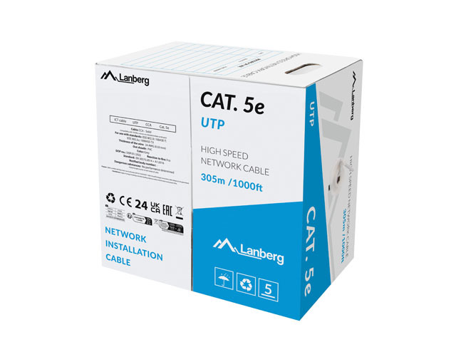 UTP Cable Cat5e 305m Lanberg Solid Gray Fluke Passed CCA