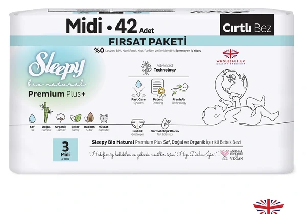 SLEEPY Bio Natural Premium Plus+ Пелени за бебиња бр. 4 (7-16 кг), 42 пелени