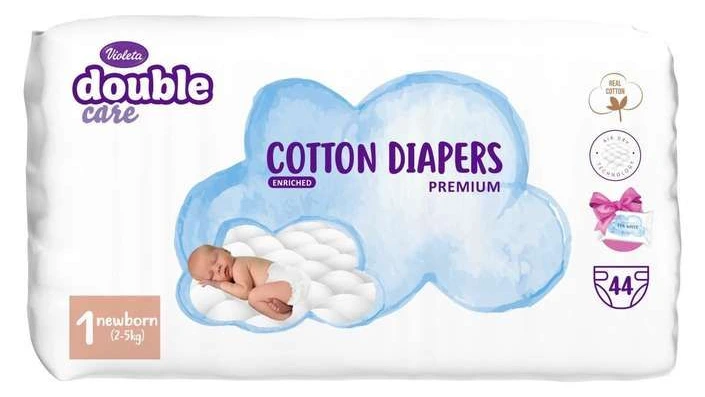 VIOLETA Double Care Premium Пелени за бебиња бр. 1 (2-5 кг), 44 пелени + влажни марамчиња